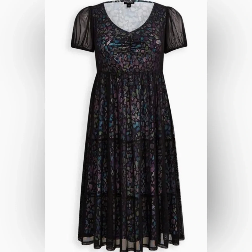 Torrid Tiered Midi Dress - Soft Mesh Spotted Black - Picture 2 of 9